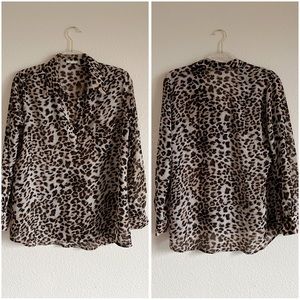 Pleione Nordstroms Cheetah Rocker Grunge Boho Work V Neck Tab Sleeve Blouse